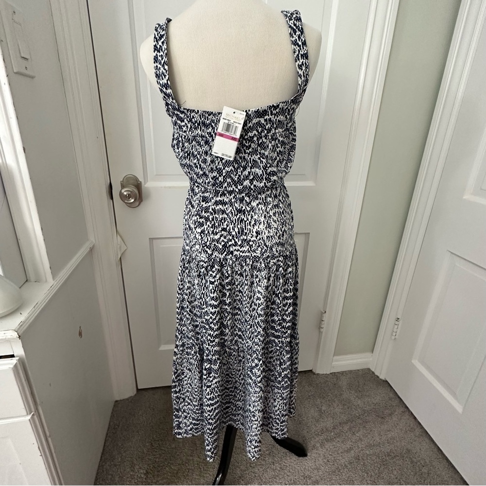 NWT MICHAEL KORS Belted Midi Dress Tiered Sleeveless Blue White Navy Size XXS - Picture 4 of 8